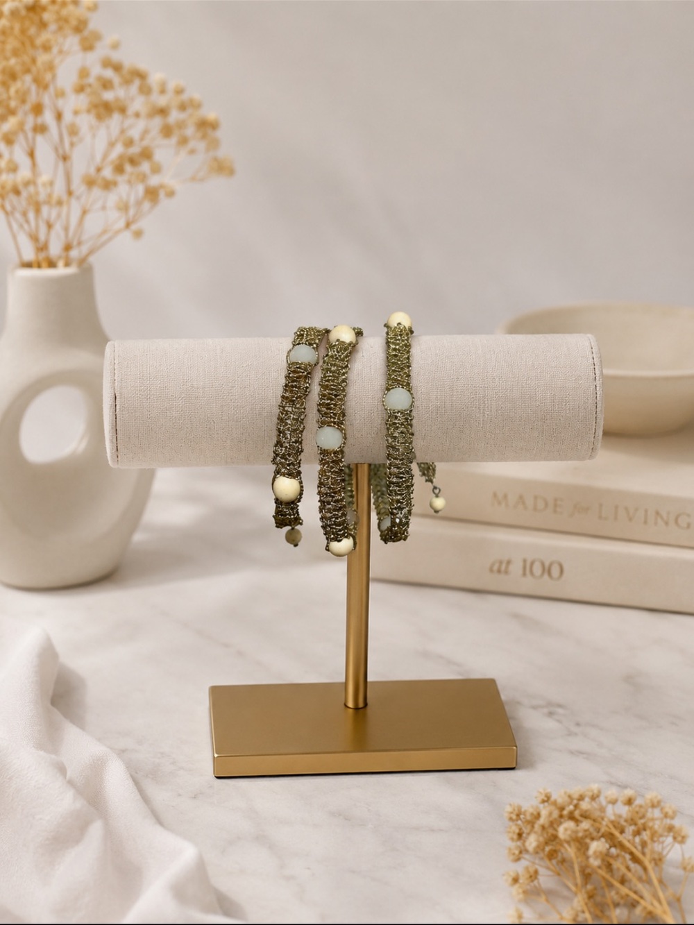 Othr Olive Green and Cream Beaded Crochet Bracelets